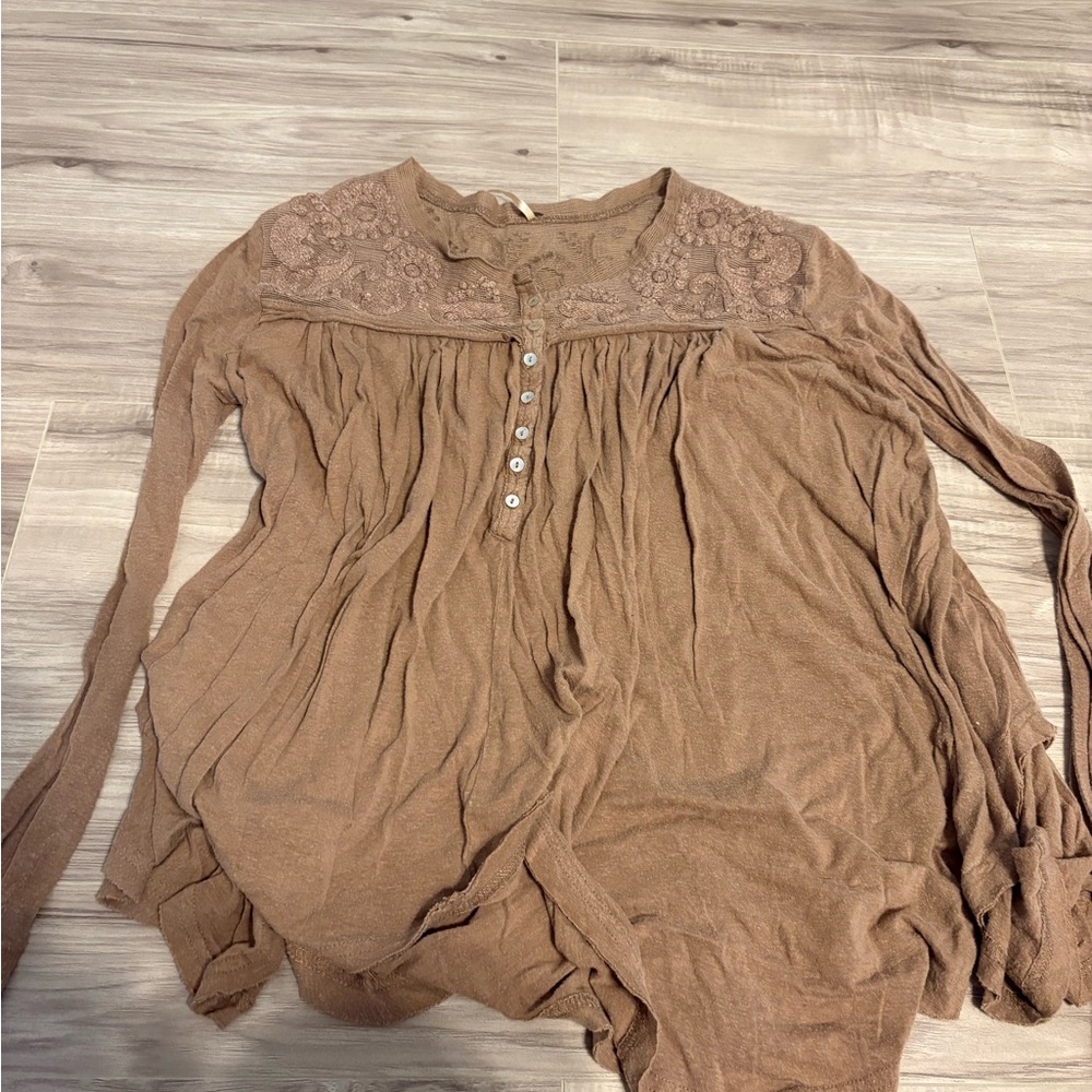Free People Brown Lace Detail Blouse